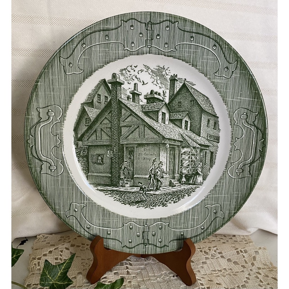 Vtg Royal China The Old Curiosity Shop Green Transferware 10" Dinner Plate USA